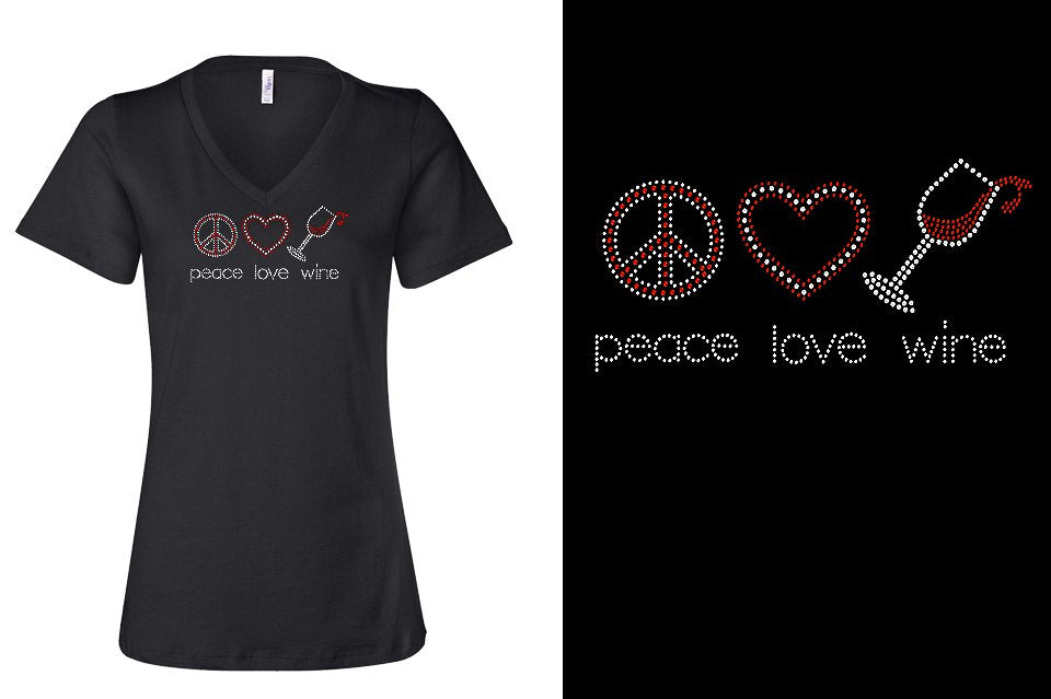 Rhinestone Short Sleeve V-Neck Shirt Peace Love and Wine