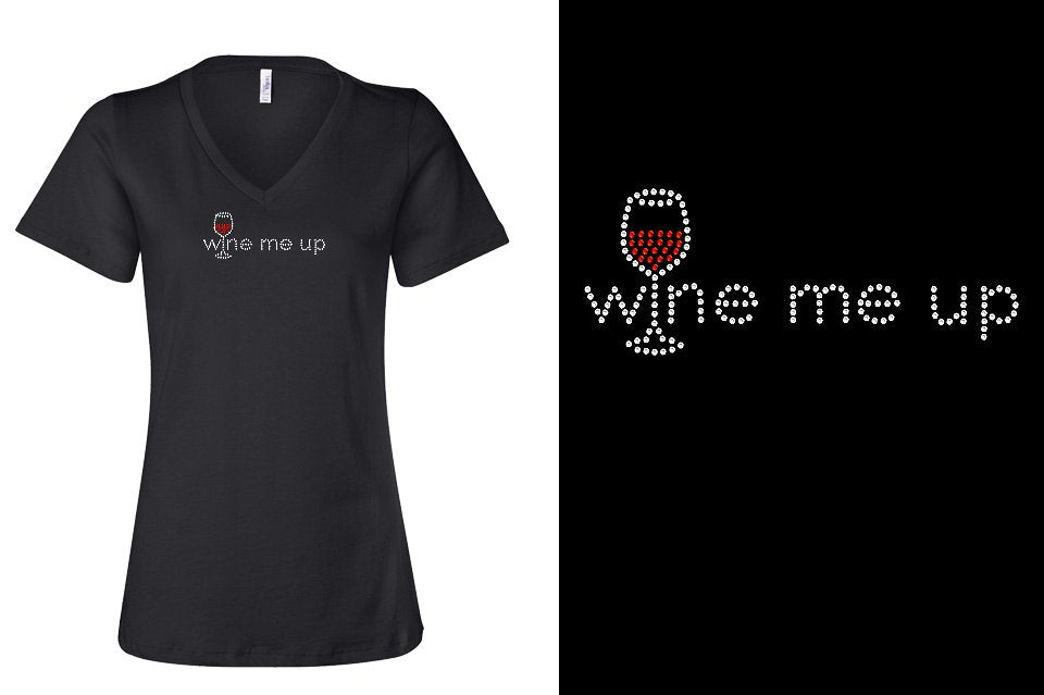 Rhinestone Short Sleeve V-Neck Shirt Wine Me Up Red