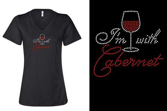 Rhinestone Short Sleeve V-Neck Shirt I'm With Cabernet