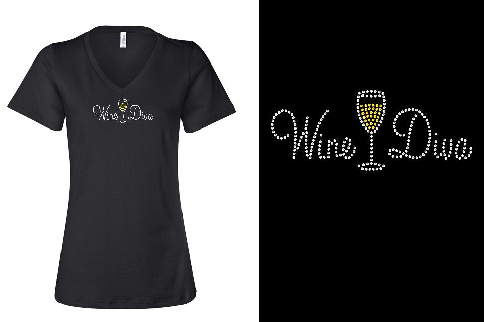 Rhinestone Diva Short Sleeve V-Neck Shirt White wine