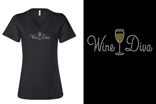 Rhinestone Diva Short Sleeve V-Neck Shirt White wine