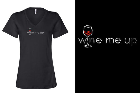 Rhinestone Short Sleeve V-Neck Shirt Wine Me Up Red